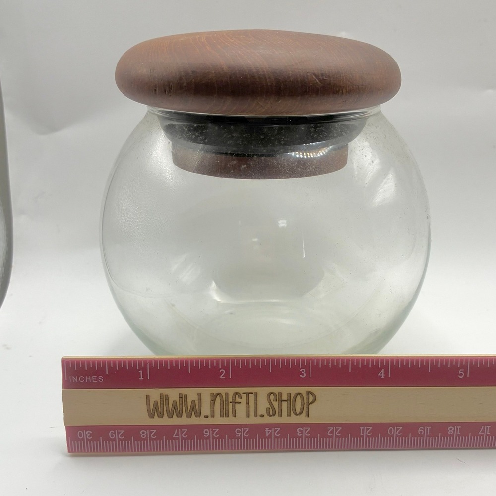 Goodwood Glass Canister 5" Clear Brown Teakwood Lid Mid Century Modern Thailand